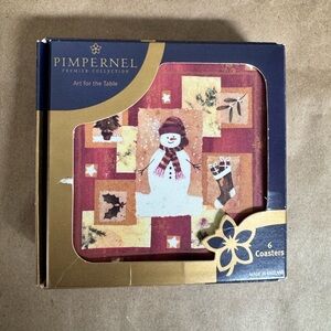 VTG Pimpernel Premier Collection 6 Pack Chilly Snowman Christmas Cork Coasters.